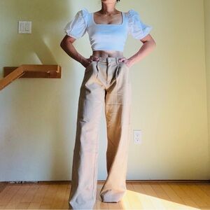 NEW ZARA TAN WIDE LEG HIGH RISE TWILL PANTS